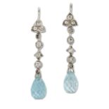 A PAIR OF AQUAMARINE AND DIAMOND PENDANT EARRINGS