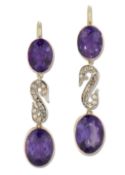 A PAIR OF AMETHYST AND DIAMOND PENDANT EARRINGS