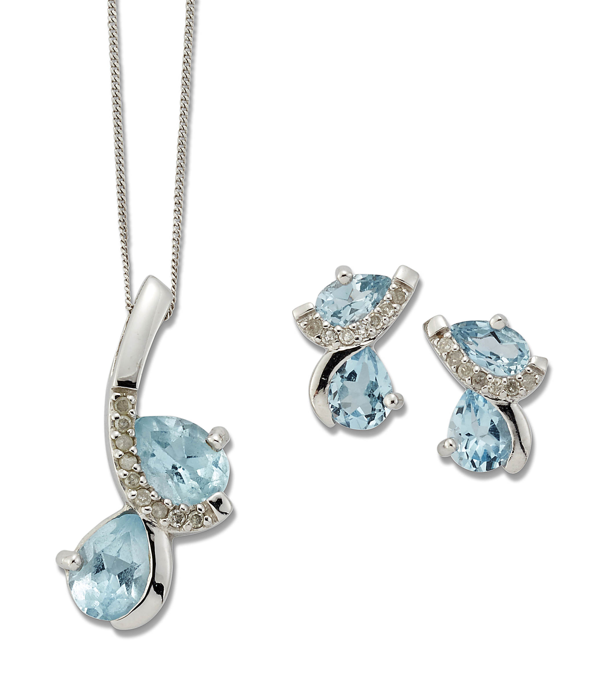 A 9 CARAT WHITE GOLD BLUE TOPAZ AND DIAMOND PENDANT ON CHAIN AND EARRING SET