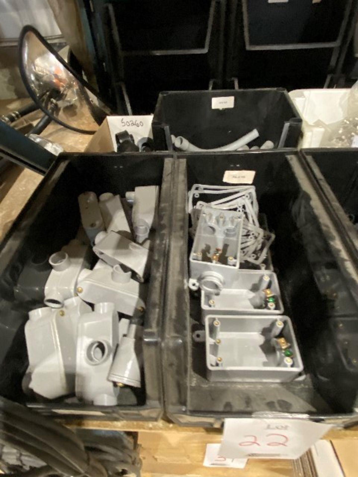 LOT, Assorted electrical boxes, grommets, plates, bins, etc..., 14bins - Image 2 of 5