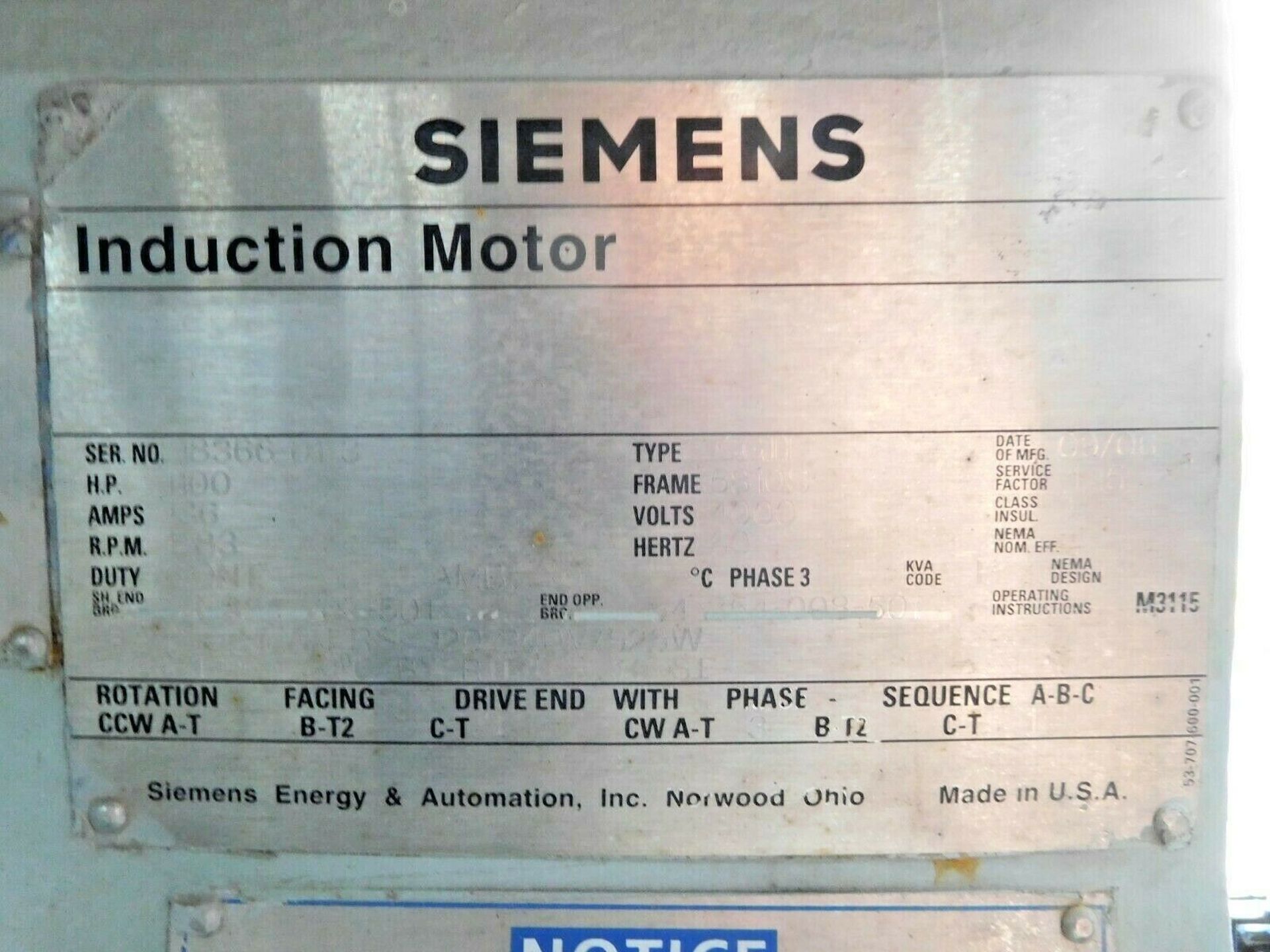 Siemens 1100 HP Electric Motor. 4000 V. 3 Ph. 1783 RPM. CGII. 5810S. 60 Hz. - Image 3 of 3