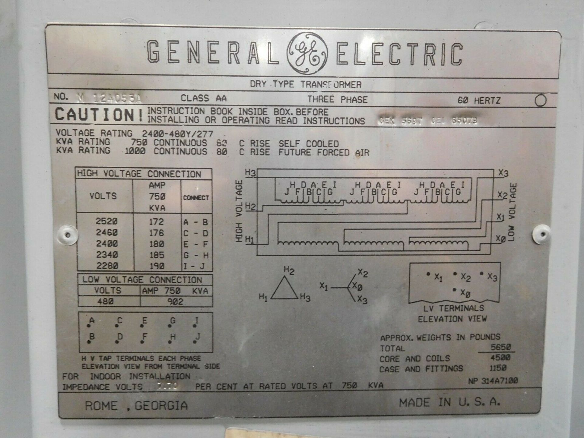 GE 750/1000 KVA Dry Type Transformer. 2400-480Y/277 V. 3 Ph. Class AA. - Image 5 of 5