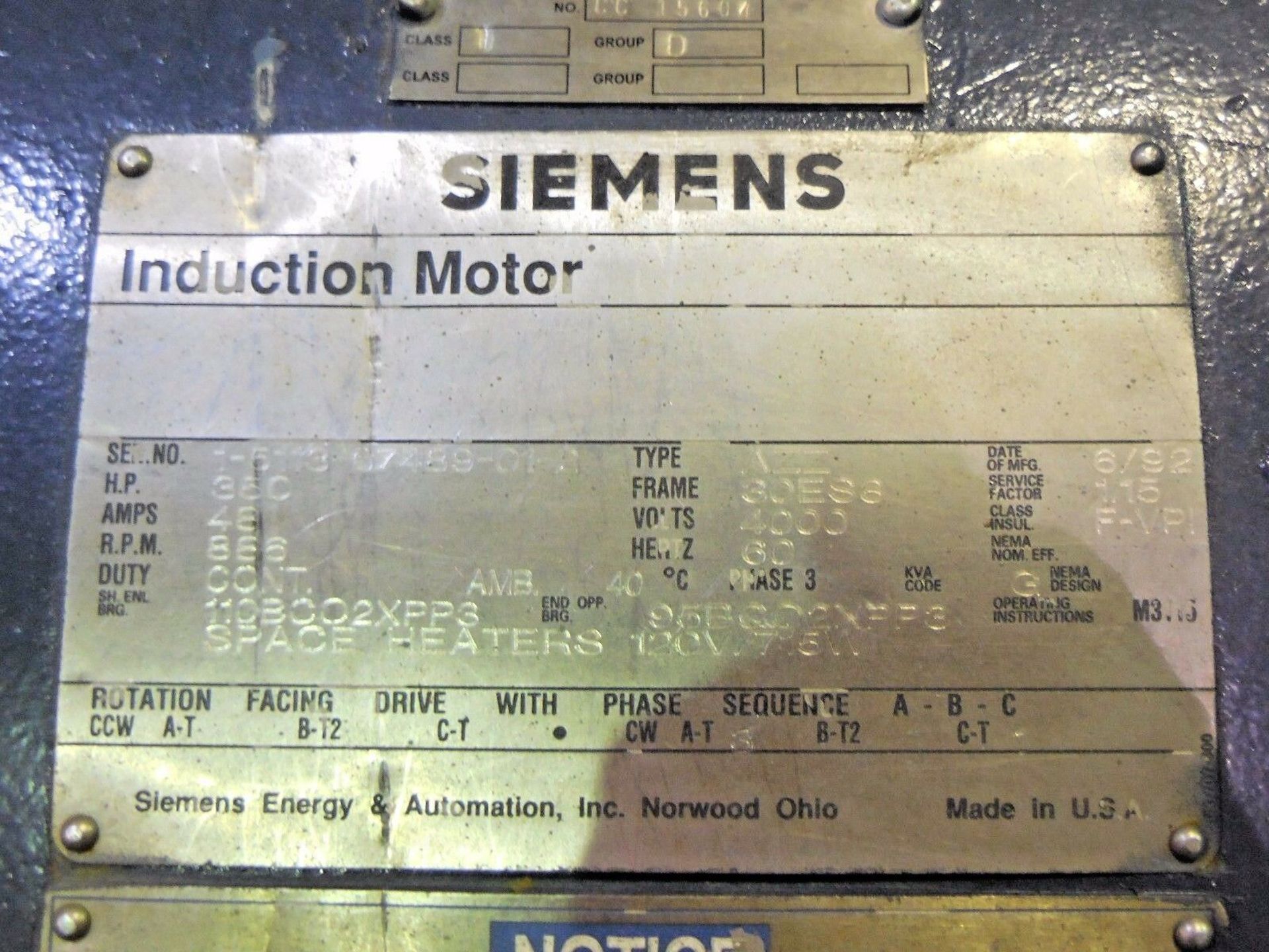 Siemens 350 HP Induction Motor. 886 RPM. 3 Ph. 4000 V. AZZ. 30ES8. 48 A. 60 Hz. - Image 4 of 5
