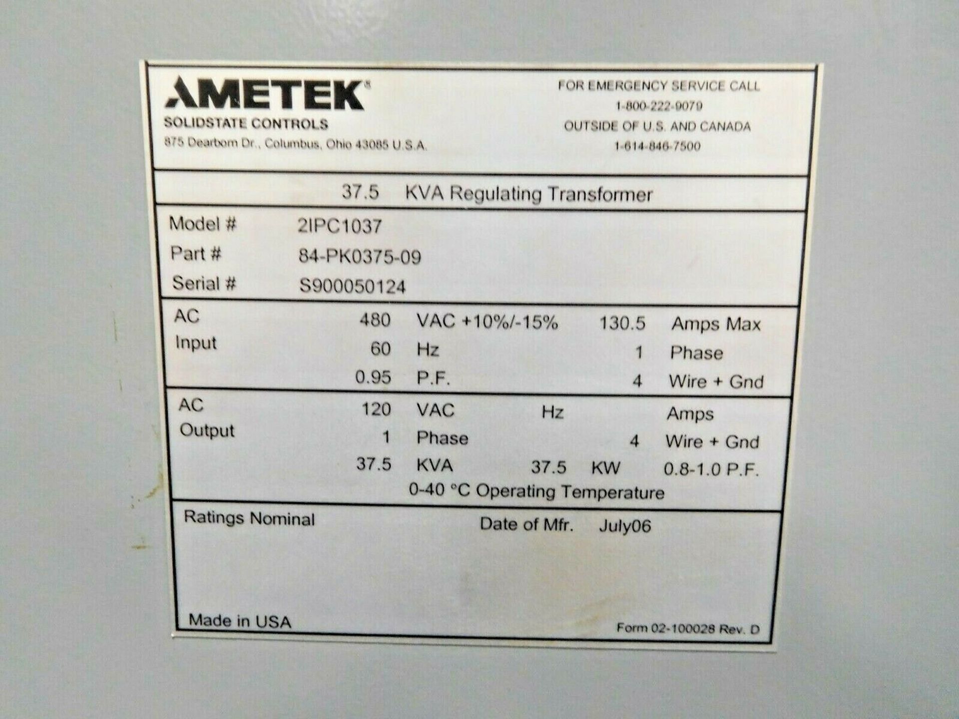 Ametek Solid State Controls 37.5 KVA Regulating Transformer. 1 Ph. - Image 2 of 2