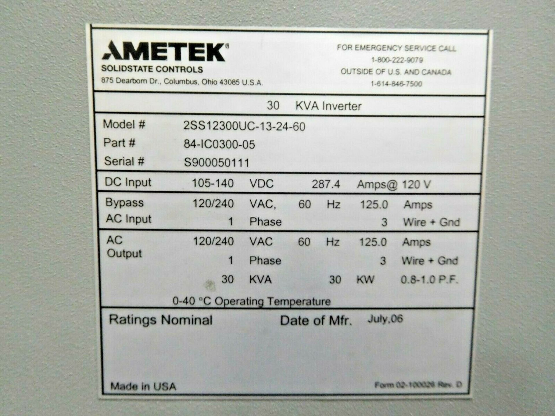 Ametek Solid State Controls 30 KVA Power Inverter. 1 Ph. - Image 2 of 2