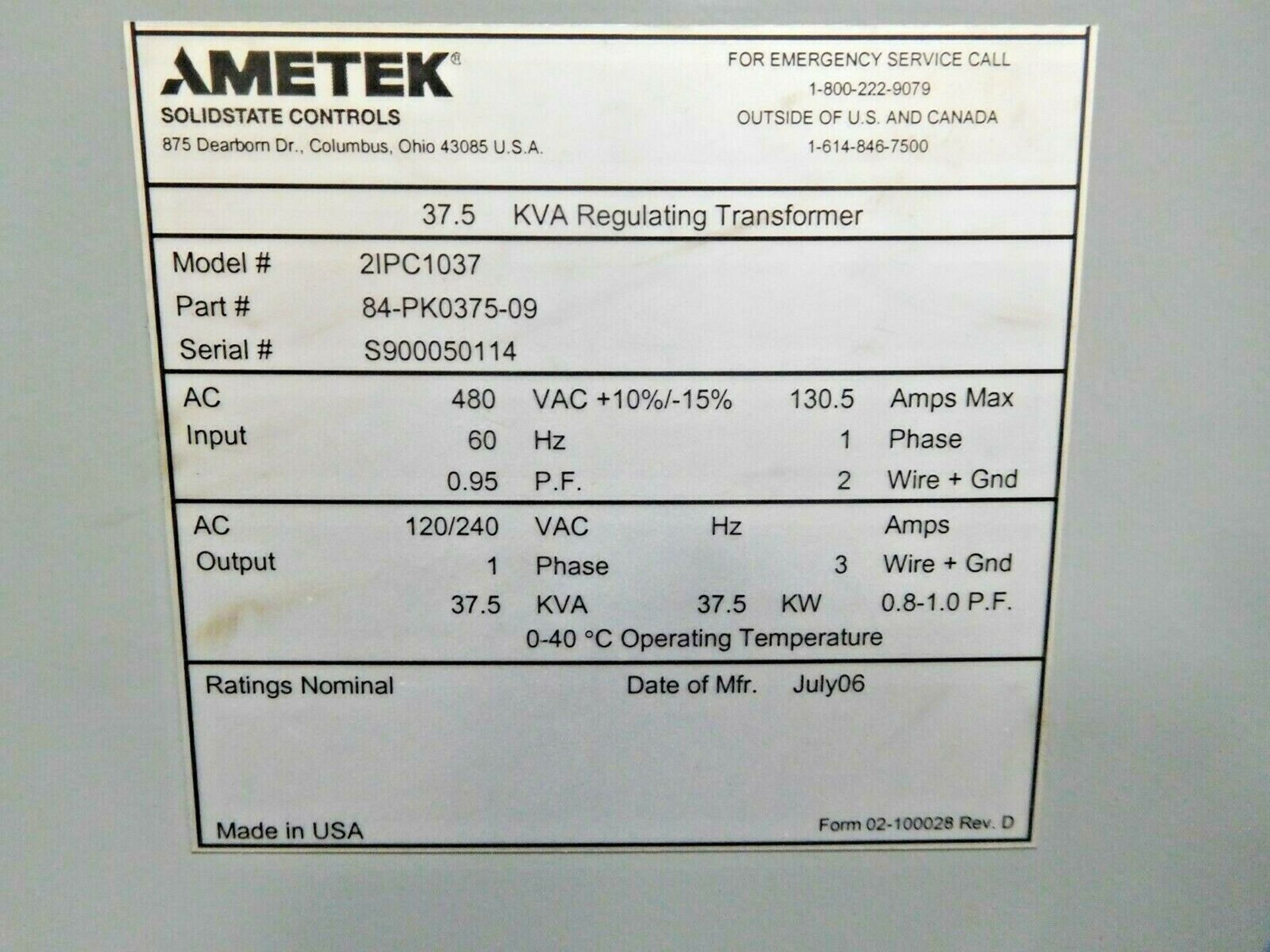 Ametek Solid State Controls 37.5 KVA Regulating Transformer. 1 Ph. - Image 2 of 2