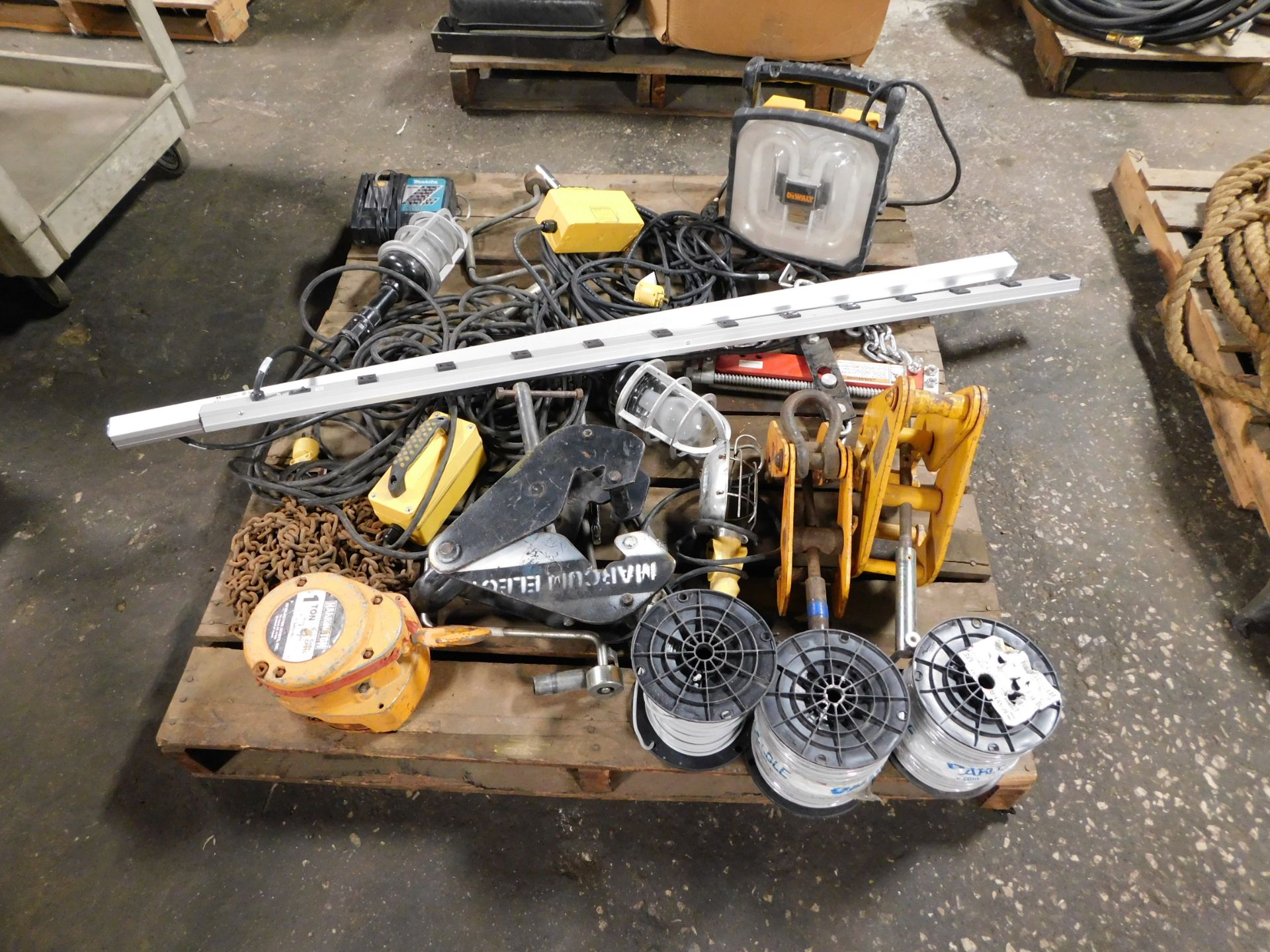 Pallet of Safety Lights, Electrical Wire, Hoists, Beam Clamps