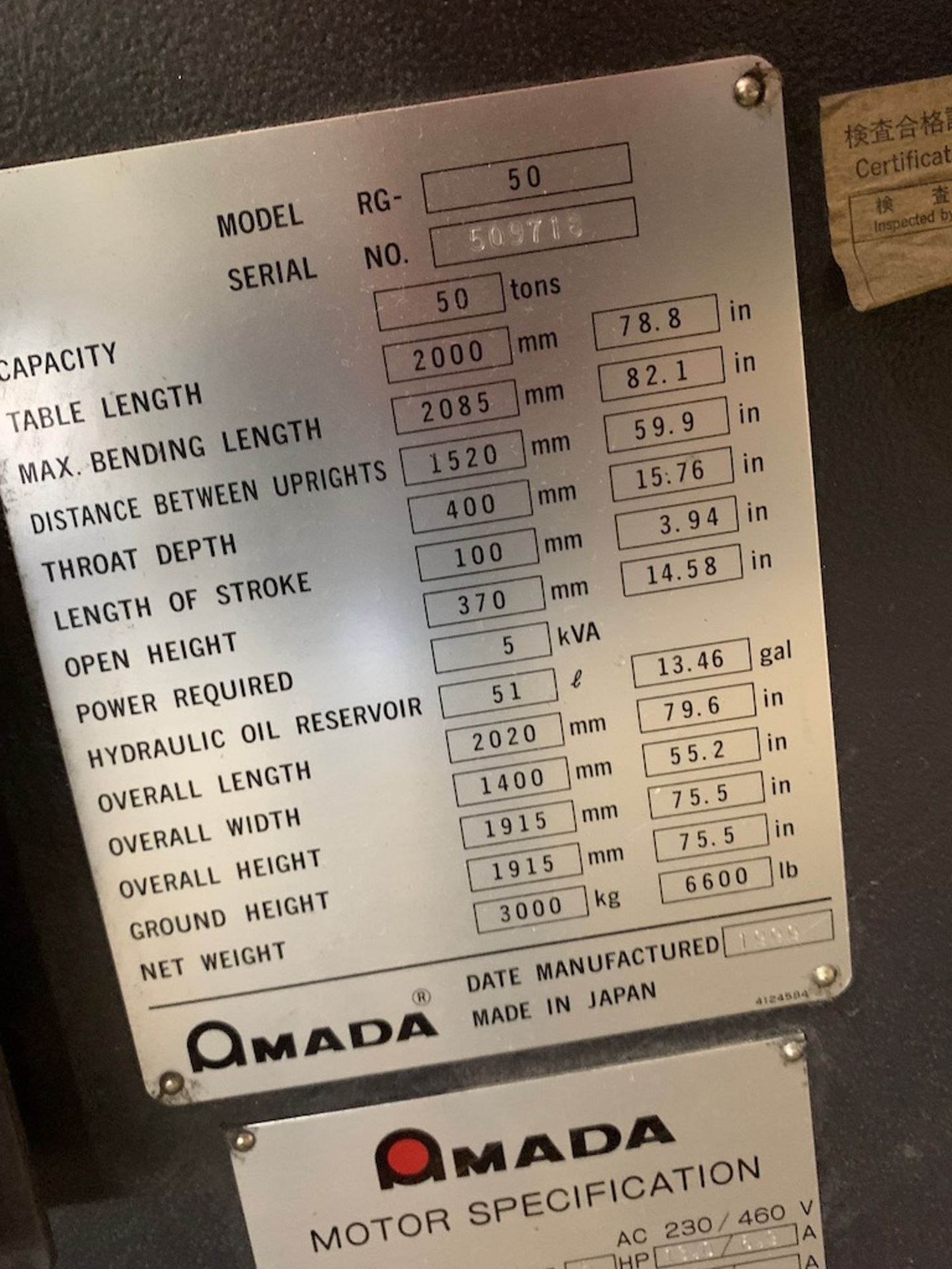 (1999) Amada RG-50 / D9E CNC Hydraulic Brake Press, DOM 1999, SN/ 509718, Includes Assorted Tooling - Image 5 of 5