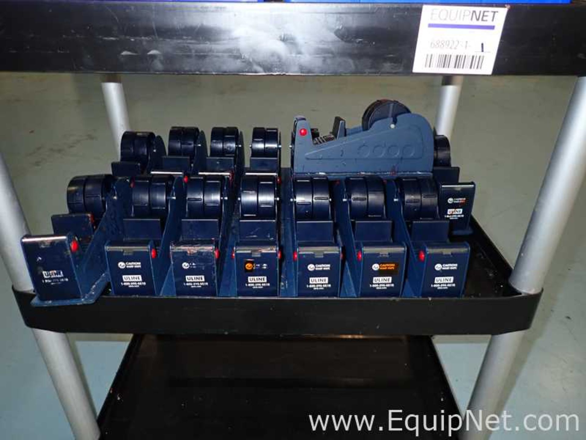 Lot of Approx 16 Uline Tape Dispensers and Kapton Tape Various Widths on Rubbermaid Cart - Image 2 of 3