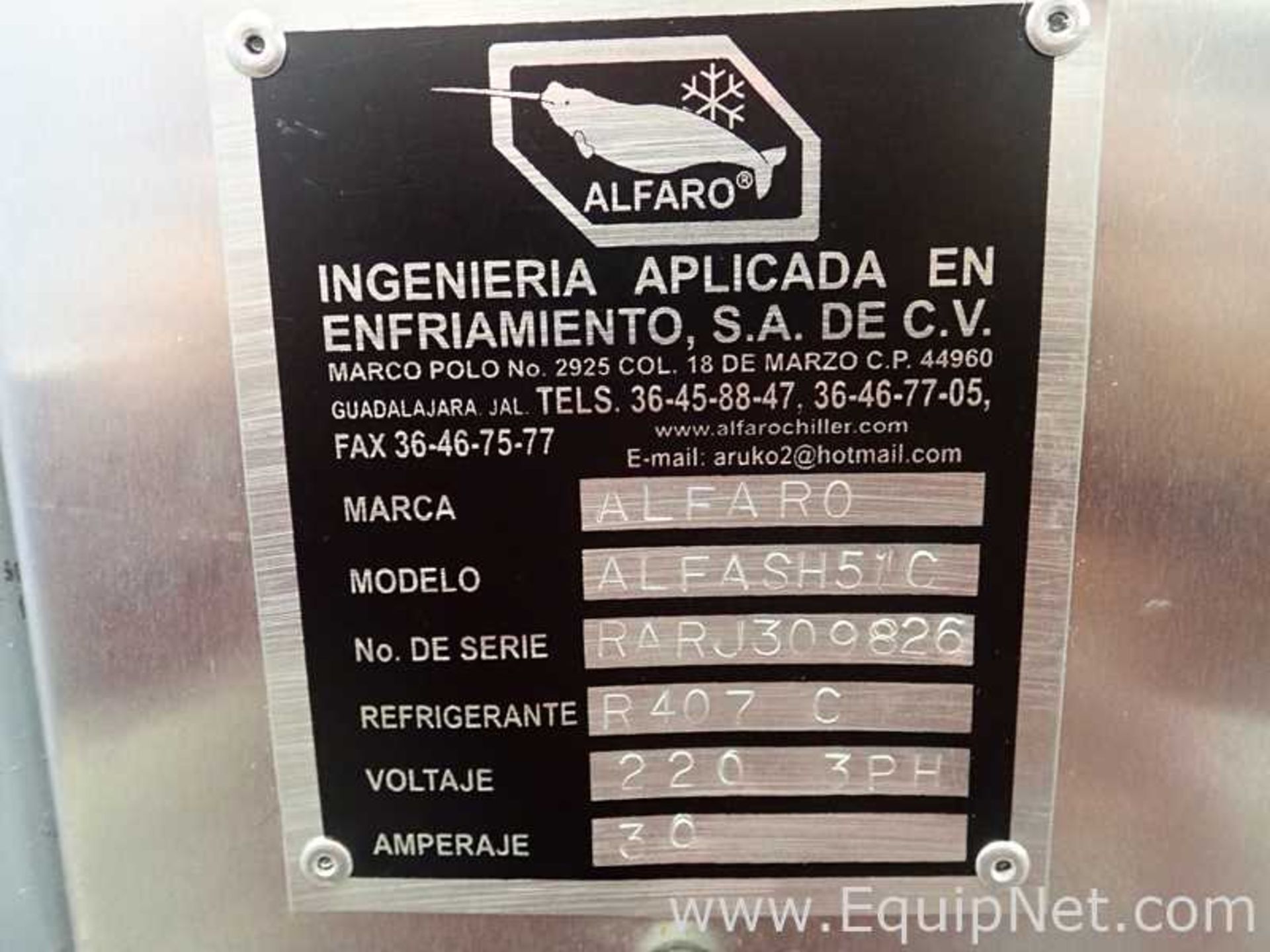 EQUIPNET LISTING #821856; REMOVAL COST: $40; MODEL: ALFASH51C; DESCRIPTION: Alfaro ALFASH51C Chiller - Image 18 of 19