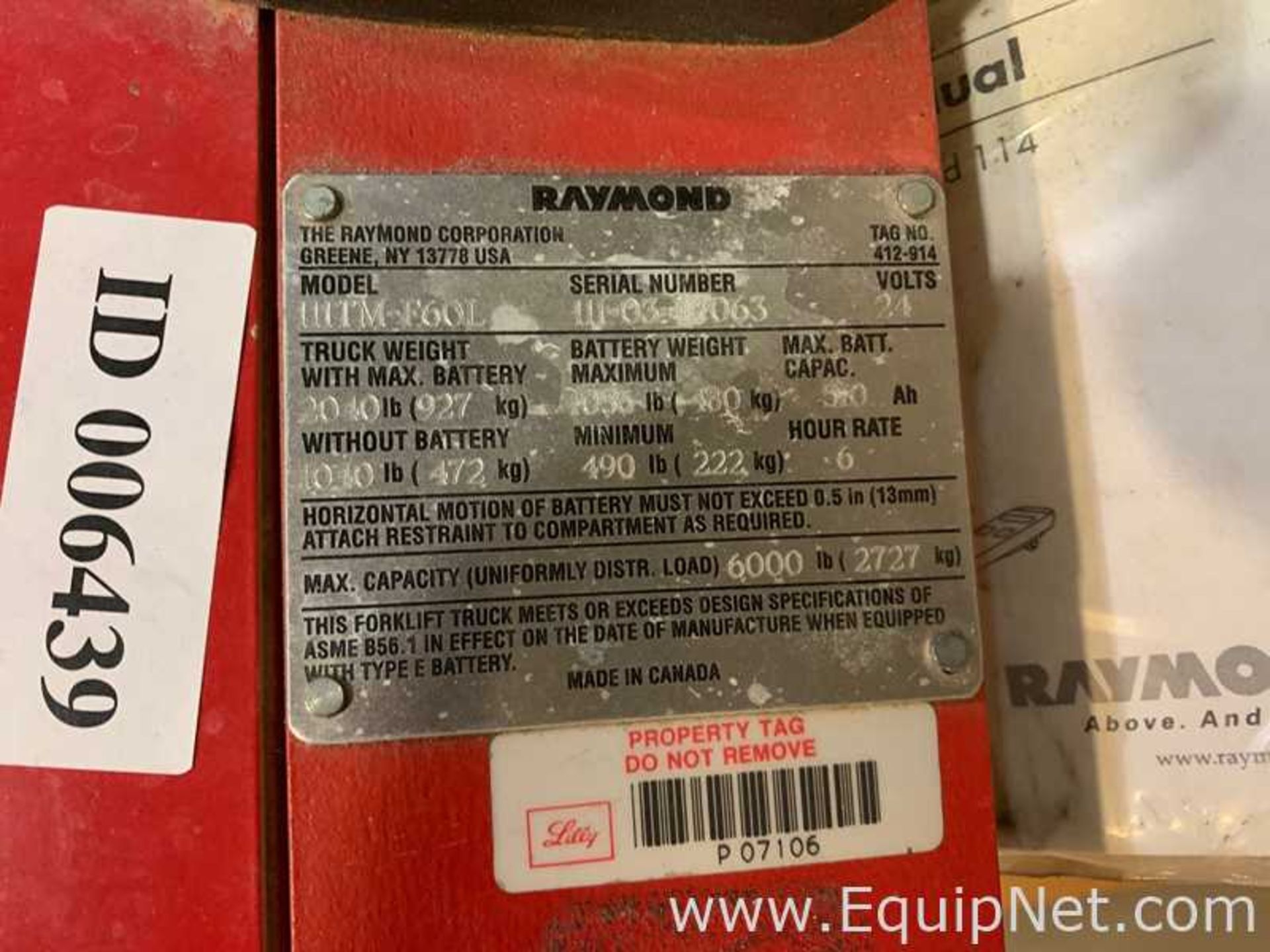 EQUIPNET LISTING #673363; REMOVAL COST: $50; MODEL: 111TM-F60L; DESCRIPTION: Raymond 111TM-F60L - Image 6 of 6