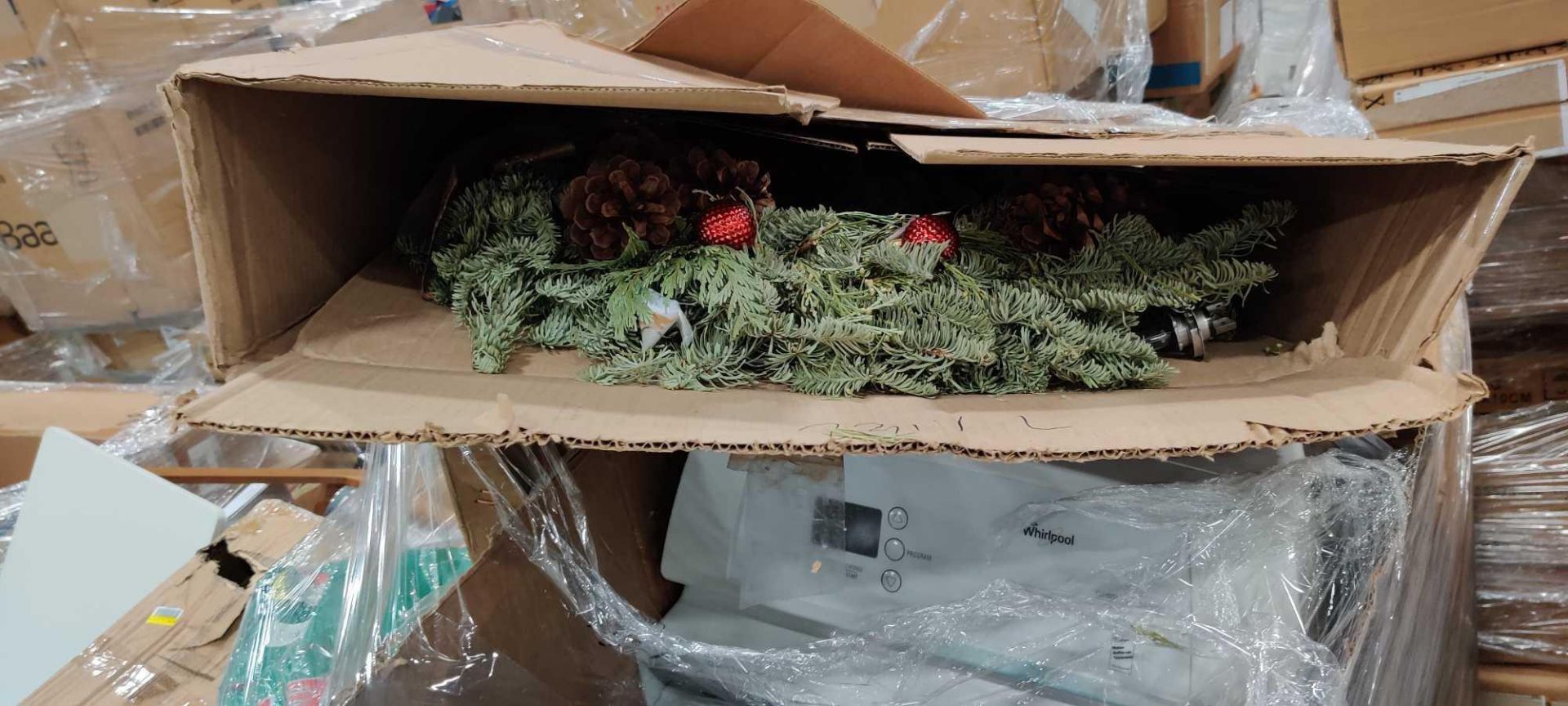 (2) Pallets of Whirlpool water softner (used), holiday wreath, floor cleaning pads, christmas tree, - Image 2 of 7