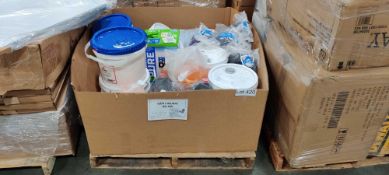 Pallet of liquids and cleaning supplies, Blue Def, PH Down, soaps, Pet suppies. and more