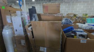 Wire bin of general merch, muscle rack, garden supplies, rolled materials and more