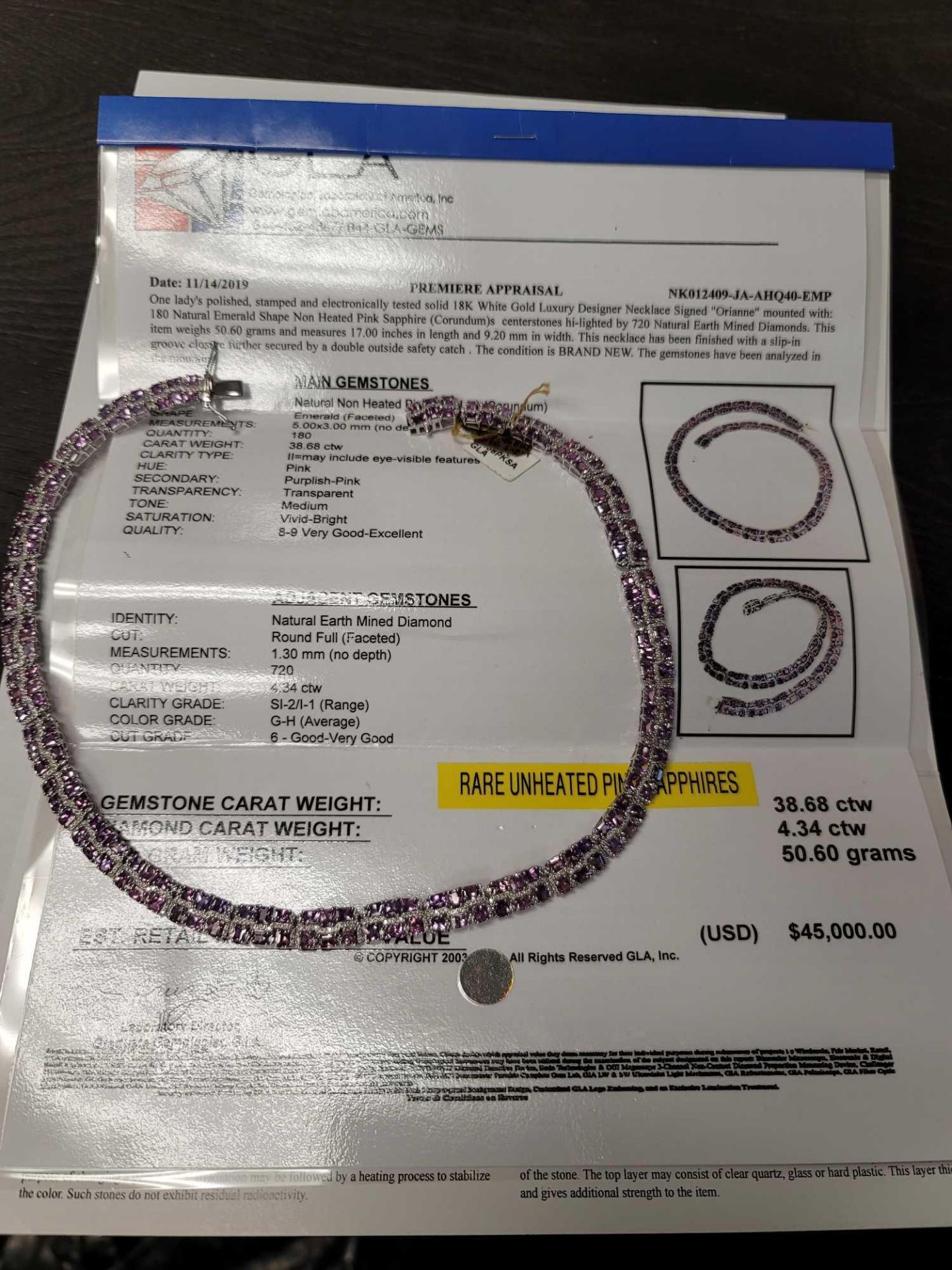 Extremely rare unheated pink sapphires and 18kt gold necklace, 38 cts sapphires, 4.34 cts of diamond - Image 12 of 12