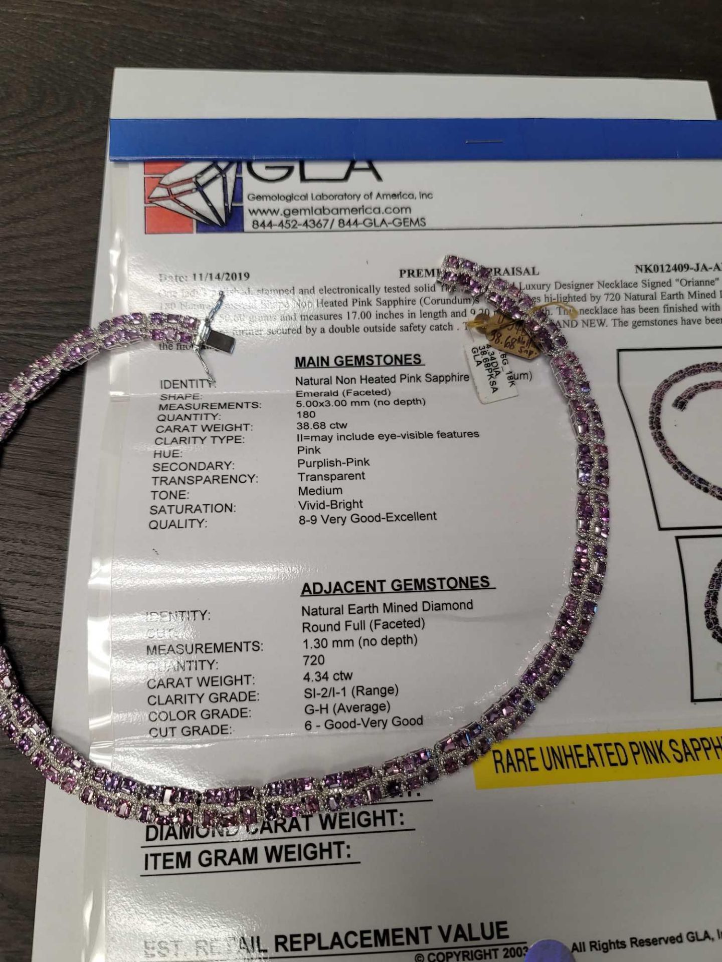 Extremely rare unheated pink sapphires and 18kt gold necklace, 38 cts sapphires, 4.34 cts of diamond - Image 9 of 12