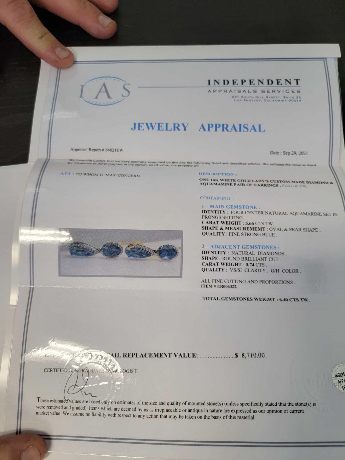 14kt white gold ladies diamond and aquamarine earrings - Image 4 of 6
