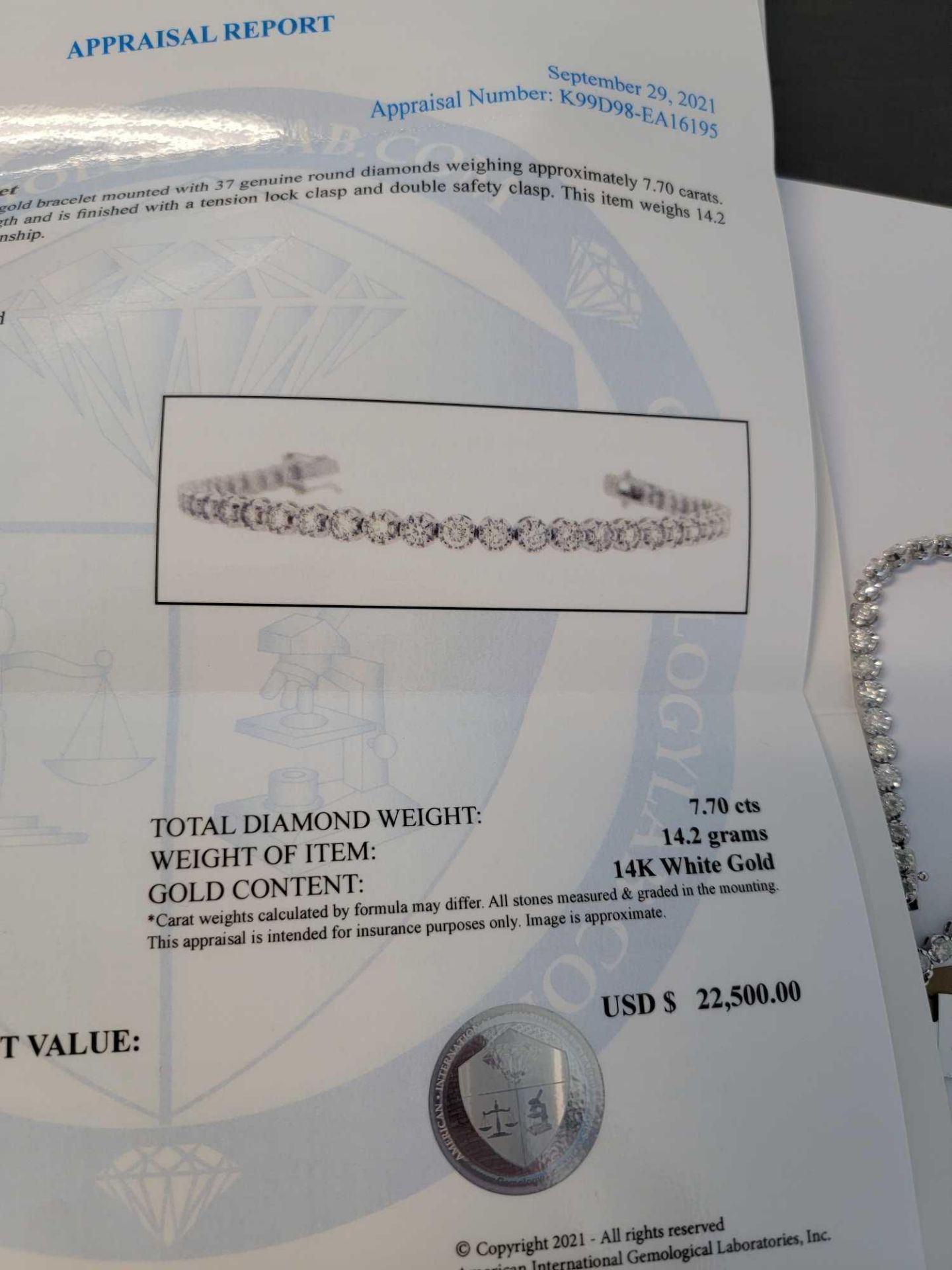 14 kt gold and diamond bracelet, 7.70 cts diamonds, 37 diamonds - Image 4 of 7