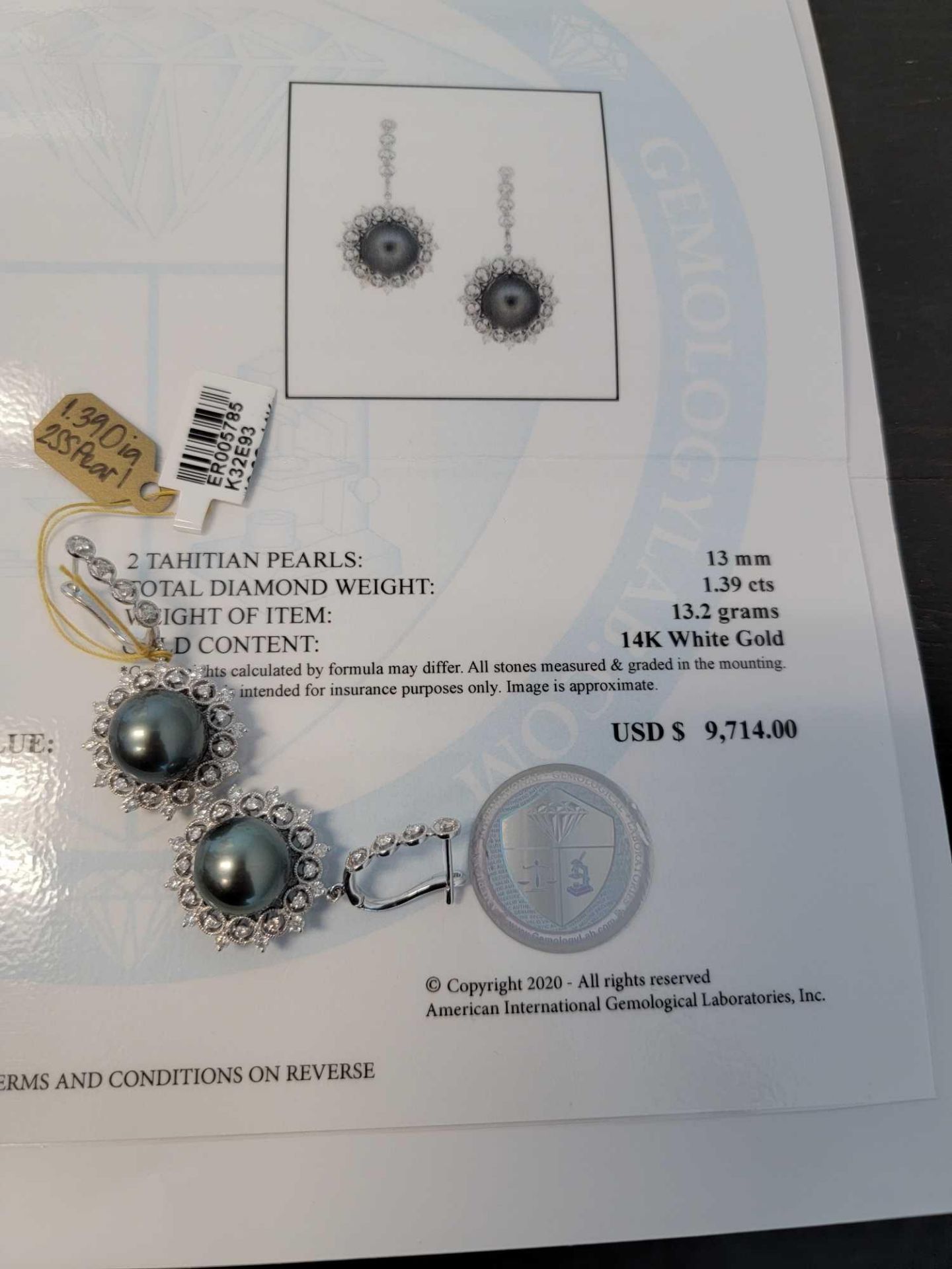 Tahitian Pearl and Diamond Earrings, 13mm tahitian pearls and 1.39 diamonds - Image 5 of 5