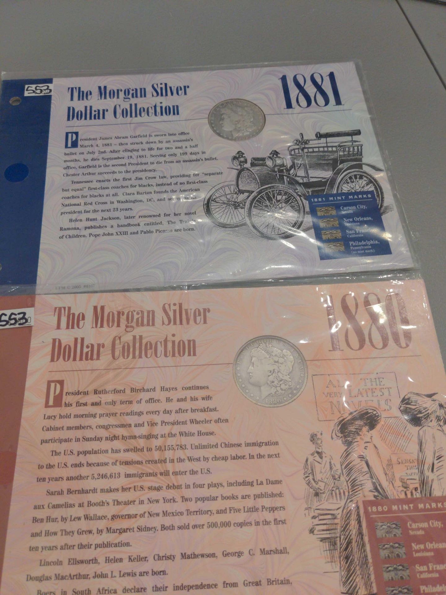 1880 and 1881 Morgan Dollar with historical facts sleeve