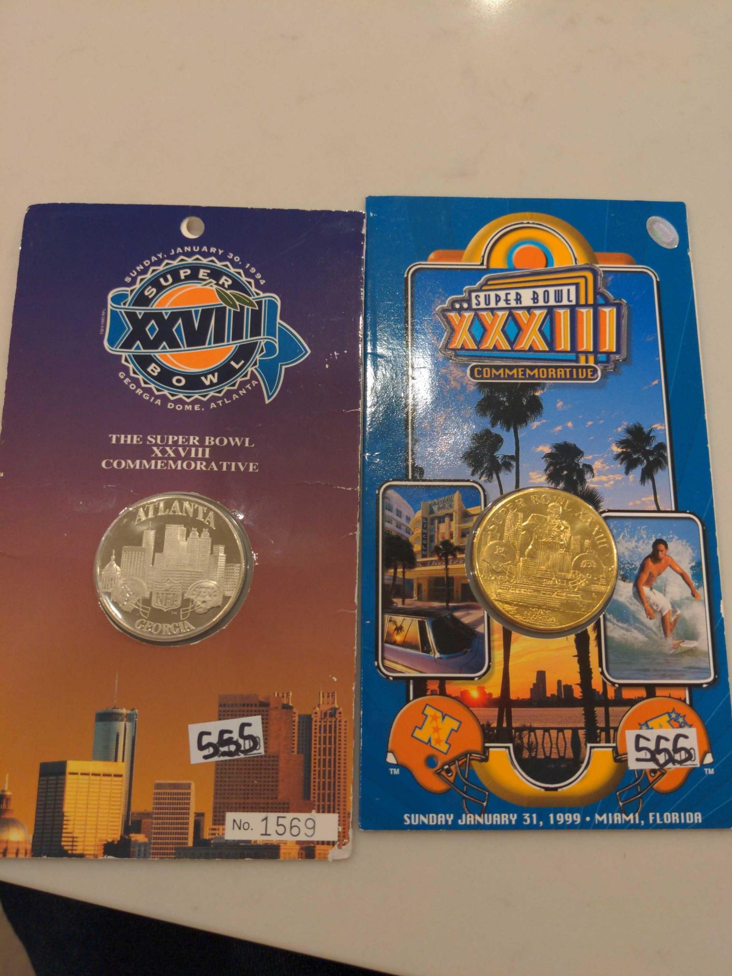 2 Commemorative Super Bowl Coins, Atlanta 1994 and Miami 1999