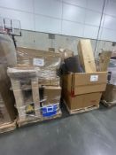 two pallets talls mattress, small trampoline, cat tower chairs, cooler paper and more