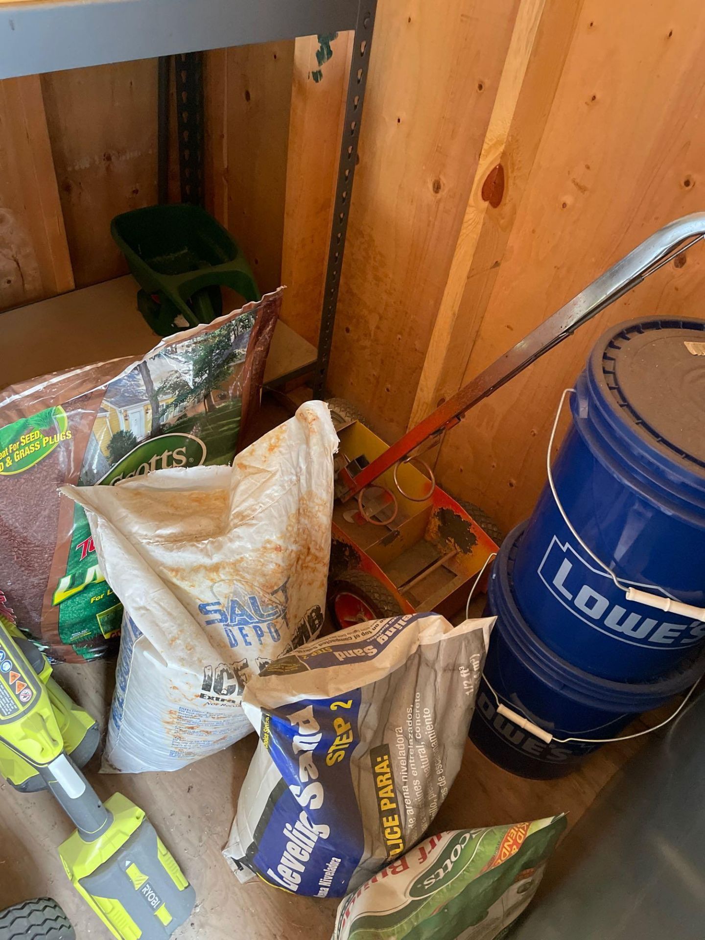 contents of shed (file cabinet, side table, cooler, Scotts seed, hoses, shovel etc) - Image 2 of 4