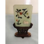 Miniature Jade screen on hardwood stand, set with