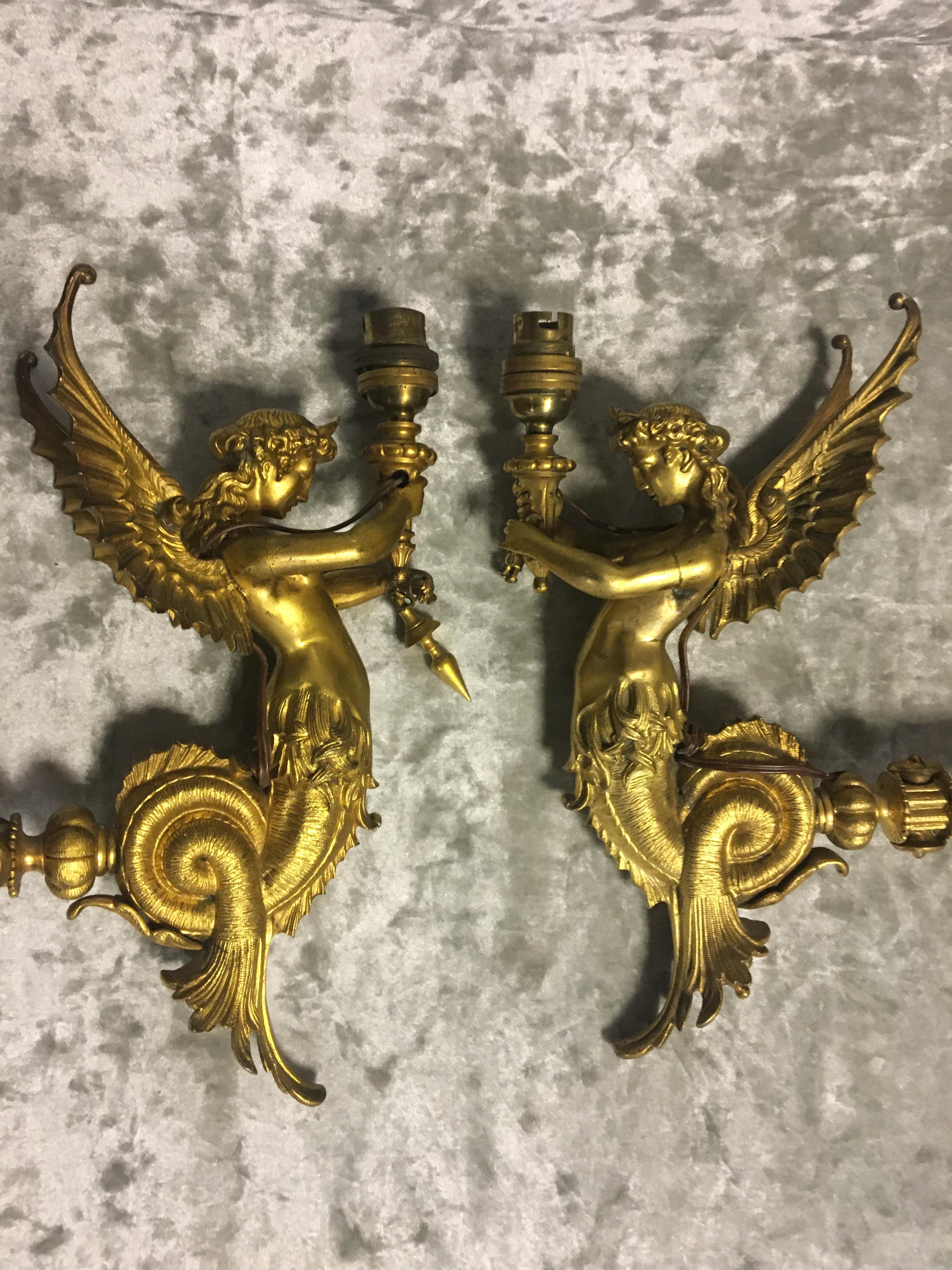 Pair 19th c ormolu gilt winged mythical beast wall lamps.30cm high. - Image 2 of 3