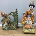 Oriental carved wood dancer, and Japanese geisha l