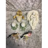 19th c Royal Worcester orchid wall pocket A/F, along with pair of wall-hanging birds and water lilie