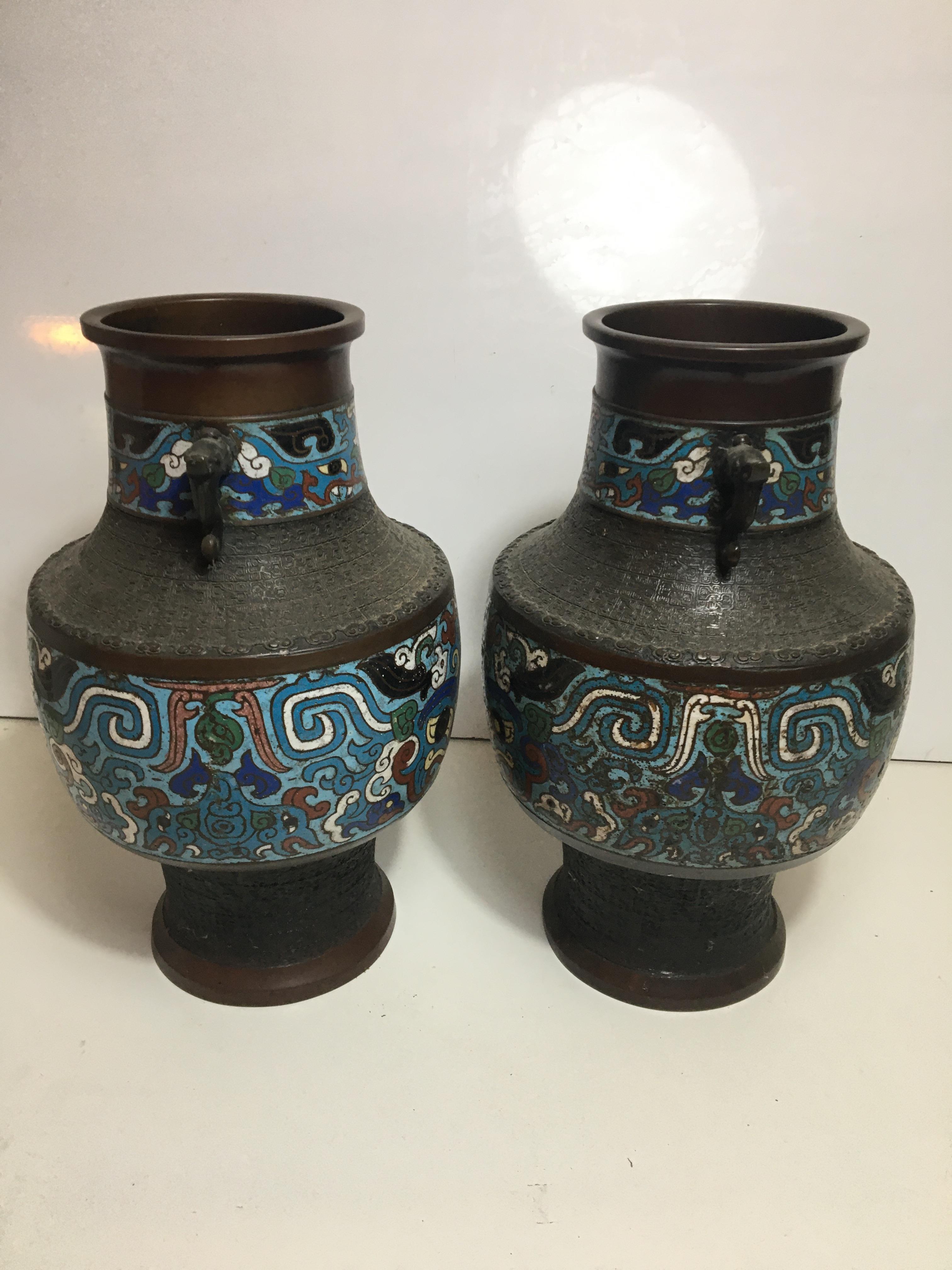 Pair of Large Qing Dynasty Bronze Cloisonne urns - Image 3 of 6