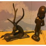 Bronze Deer and seventies resin Girl Figurine