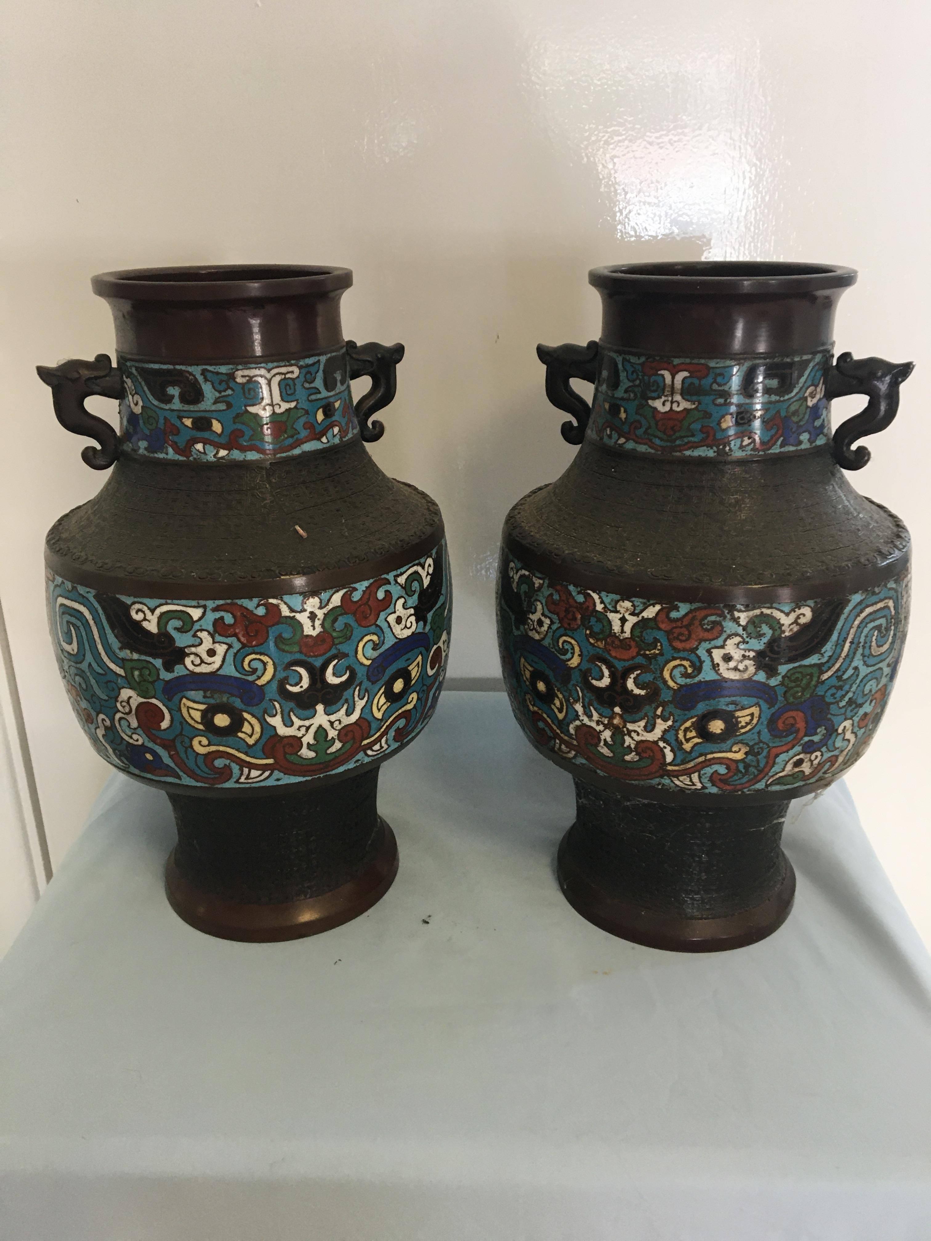 Pair of Large Qing Dynasty Bronze Cloisonne urns