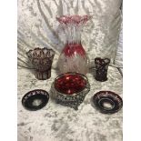 Ruby glass vases, dishes and ornate EPNS glass lin