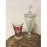 19th c German Lidded Pokal/Goblet and red flashed beaker engraved with a stag