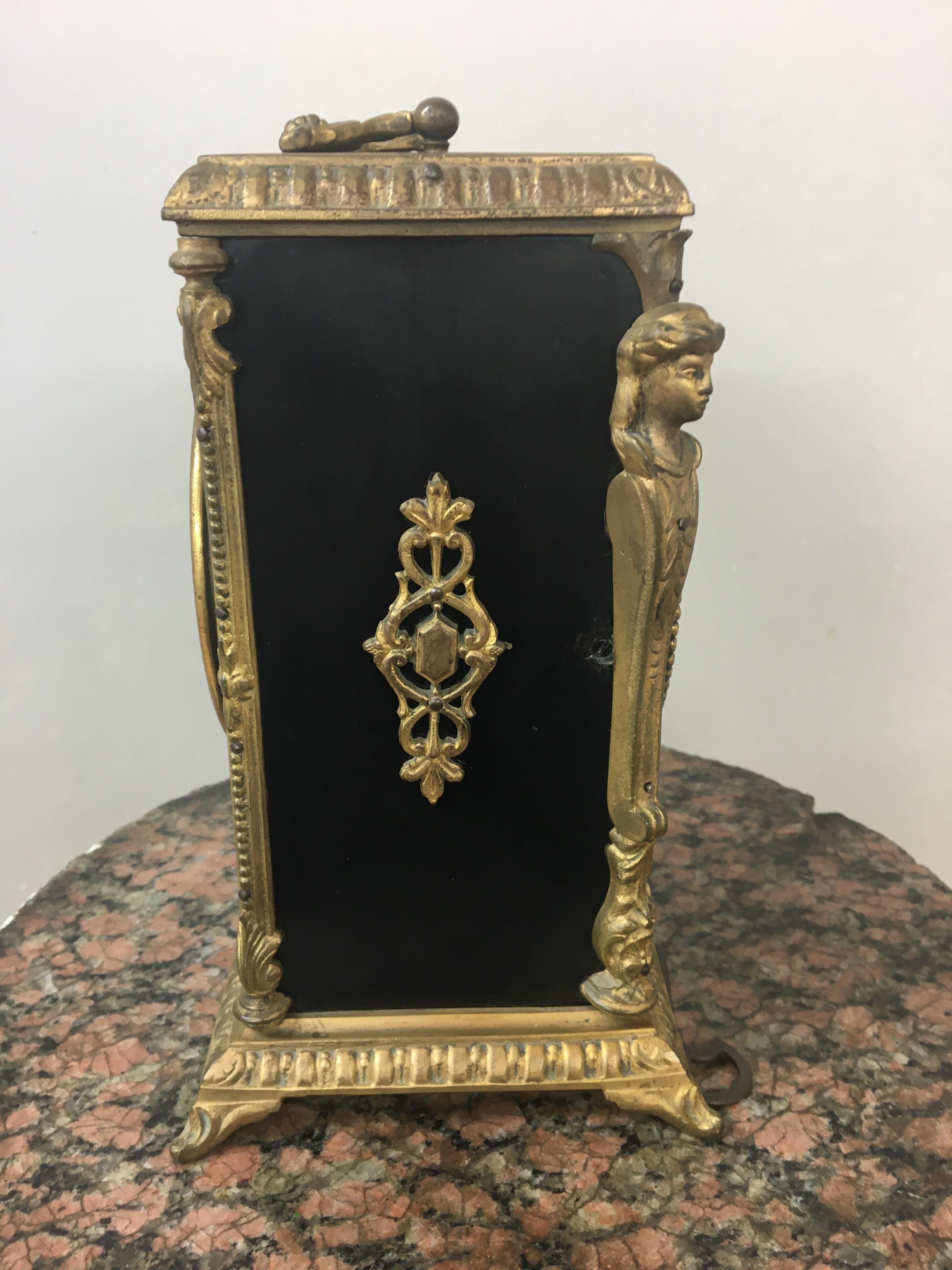 19th c French ebonised and gilt mantle clock, striking on bell. 22cm x 18cm x 13cm. - Image 2 of 6