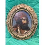 19th c Hungarian oil of Bearded man in red hat, in