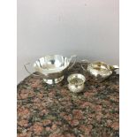 Victorian hM silver creamer, Later HM silver sugar bowl and white metal thistle cup.