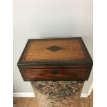 19th c Brass bound mahogany sewing box, with vintage cottons.