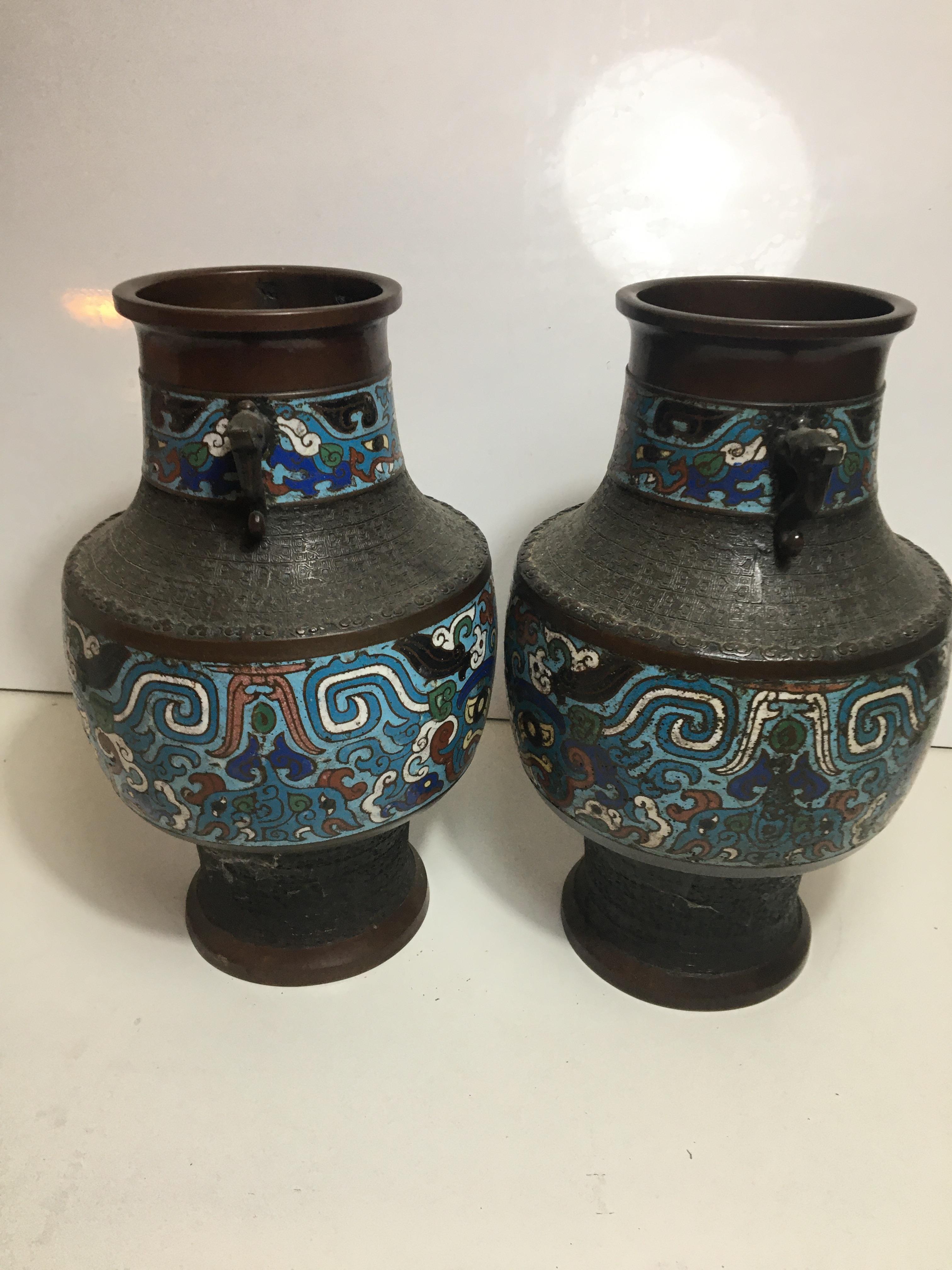 Pair of Large Qing Dynasty Bronze Cloisonne urns - Image 5 of 6