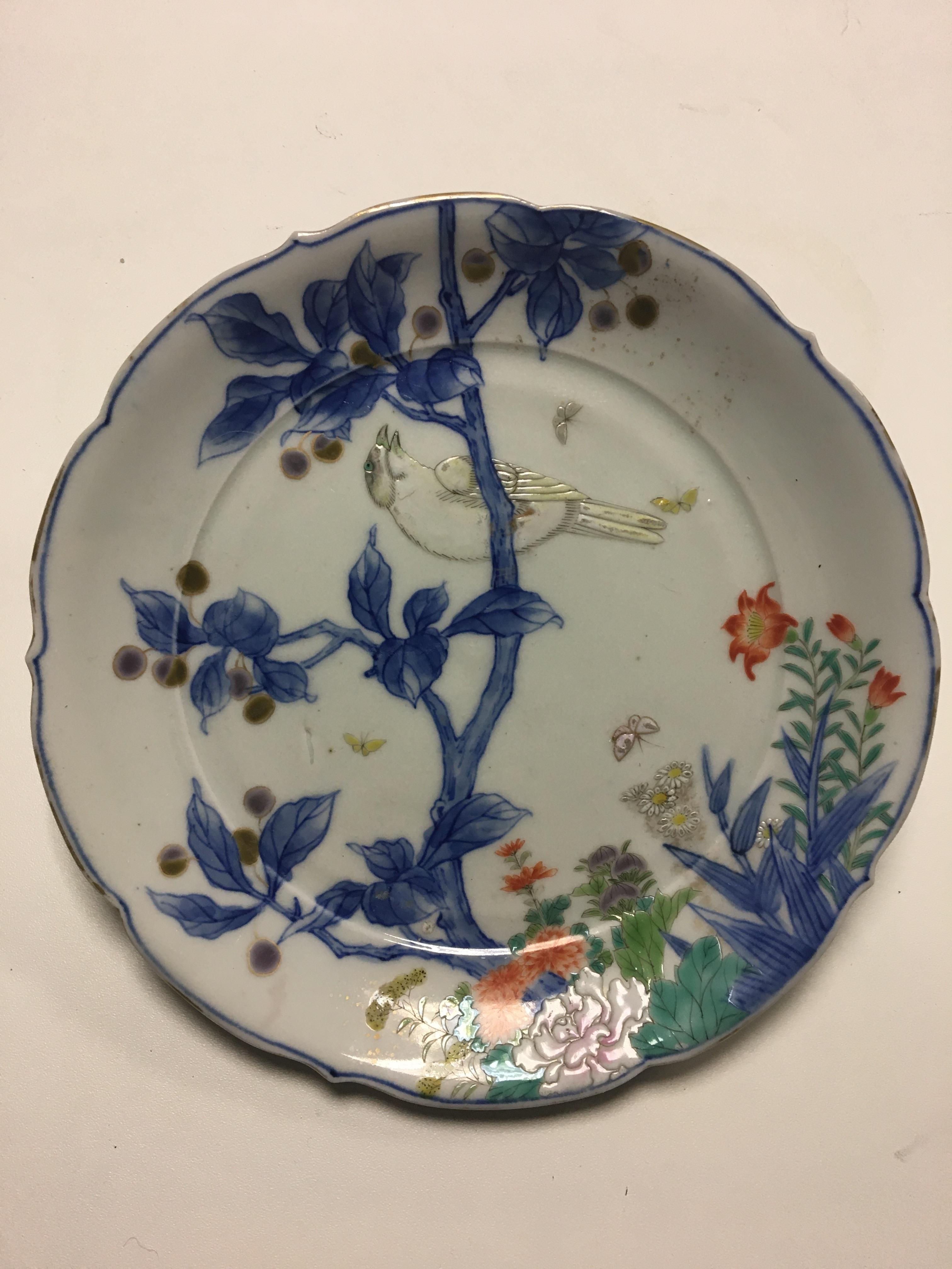 19th C Chinese enamel bird plate, lobed shape with