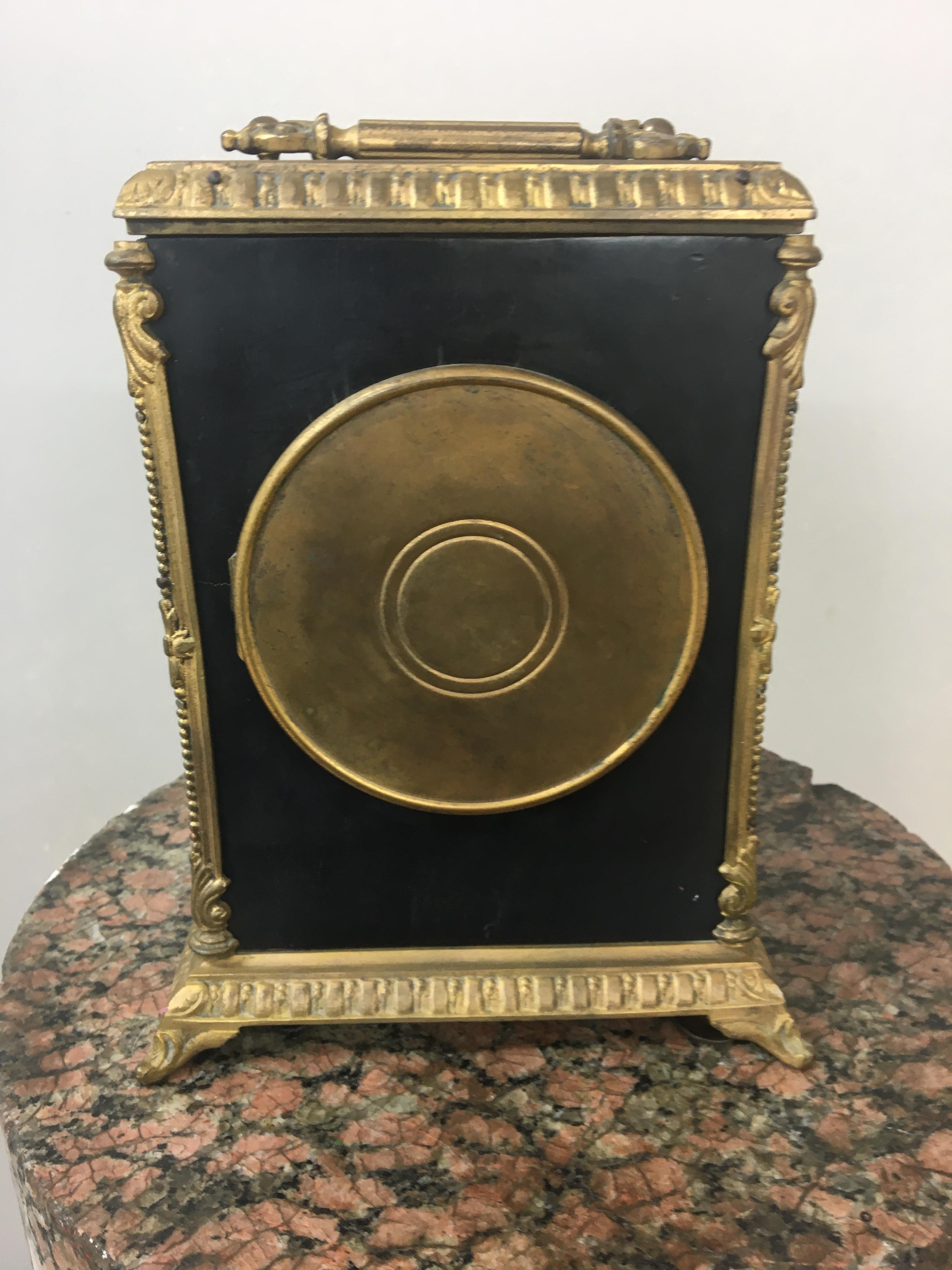 19th c French ebonised and gilt mantle clock, striking on bell. 22cm x 18cm x 13cm. - Image 3 of 6