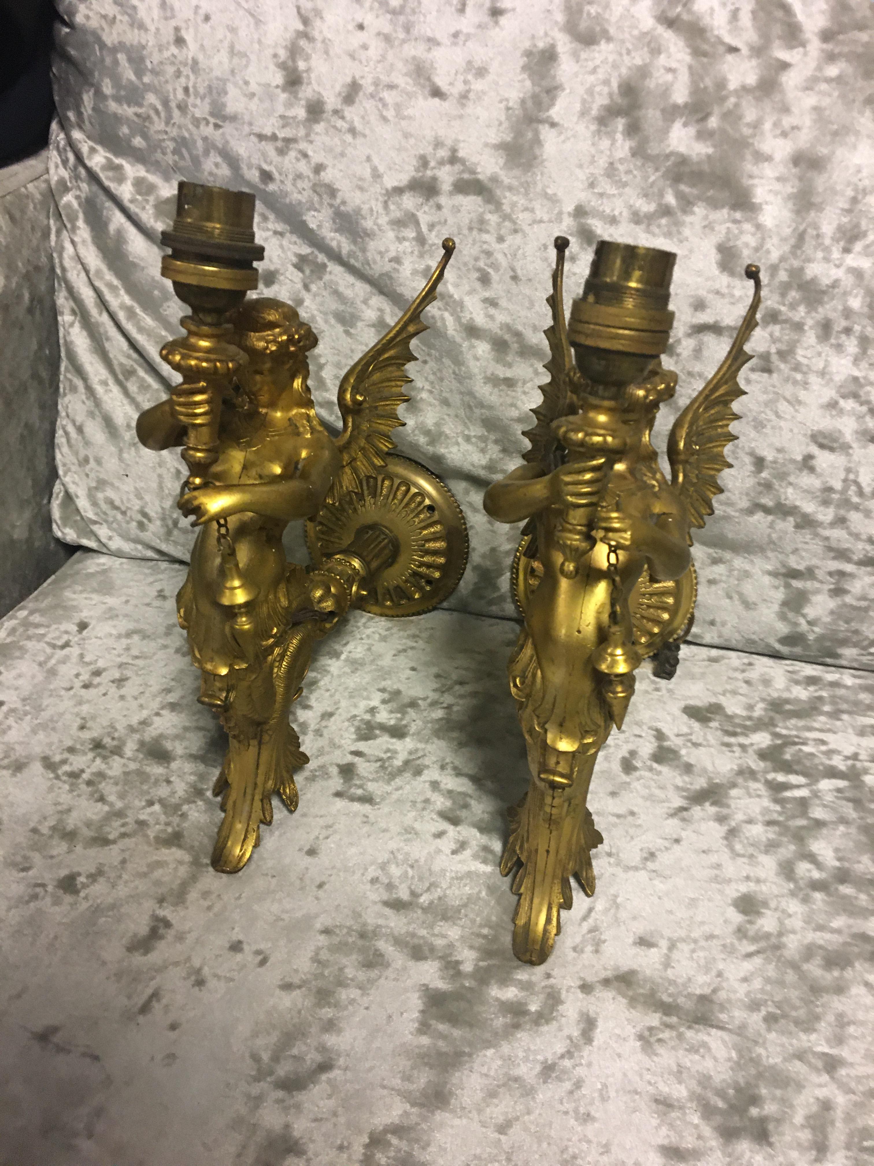 Pair 19th c ormolu gilt winged mythical beast wall lamps.30cm high. - Image 3 of 3