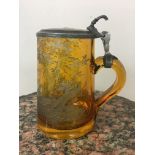 19th c Amber and pewter glass stein, with engraving of dogs chasing fowl and the letters "A M"to the