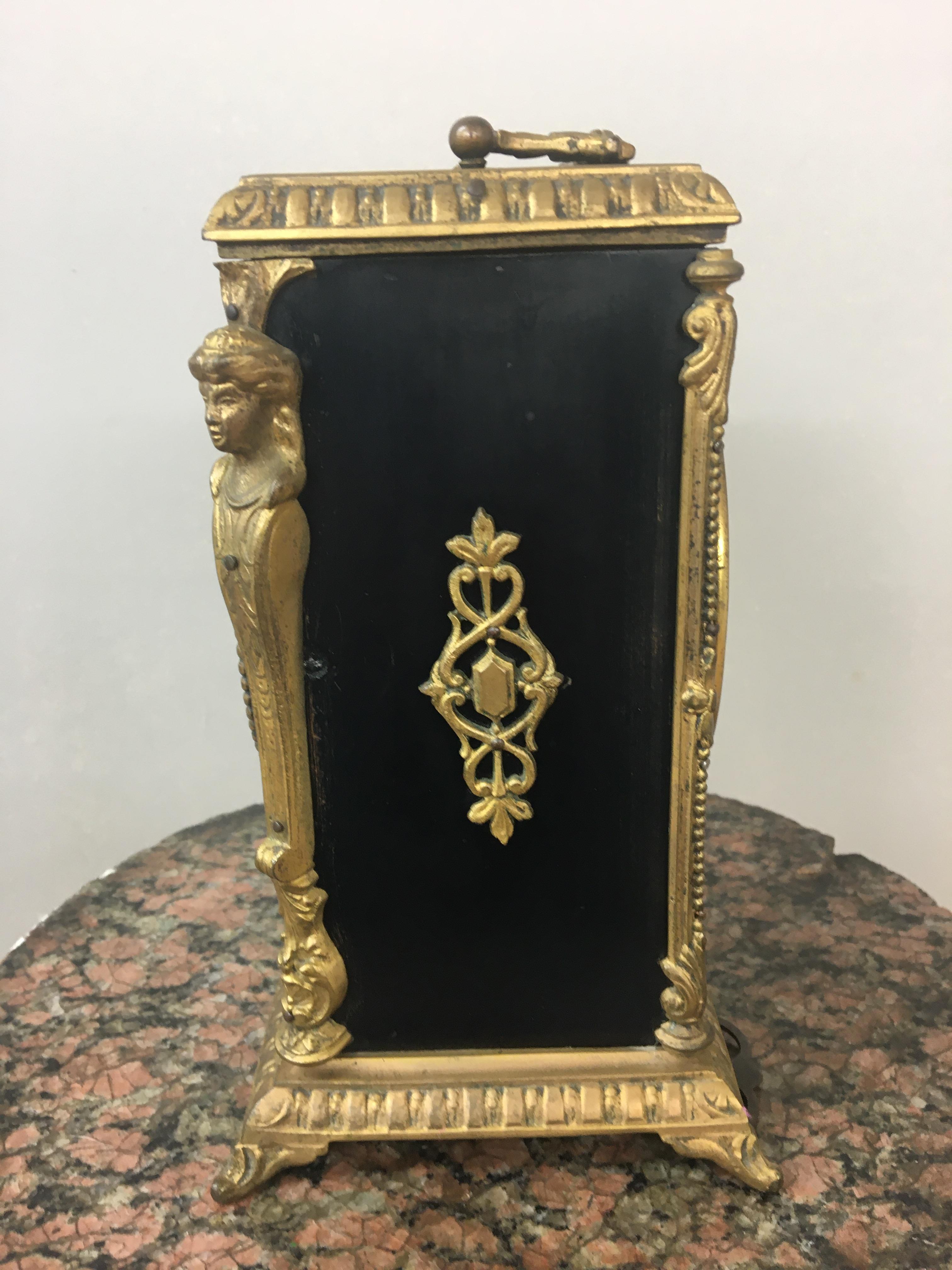 19th c French ebonised and gilt mantle clock, striking on bell. 22cm x 18cm x 13cm. - Image 5 of 6