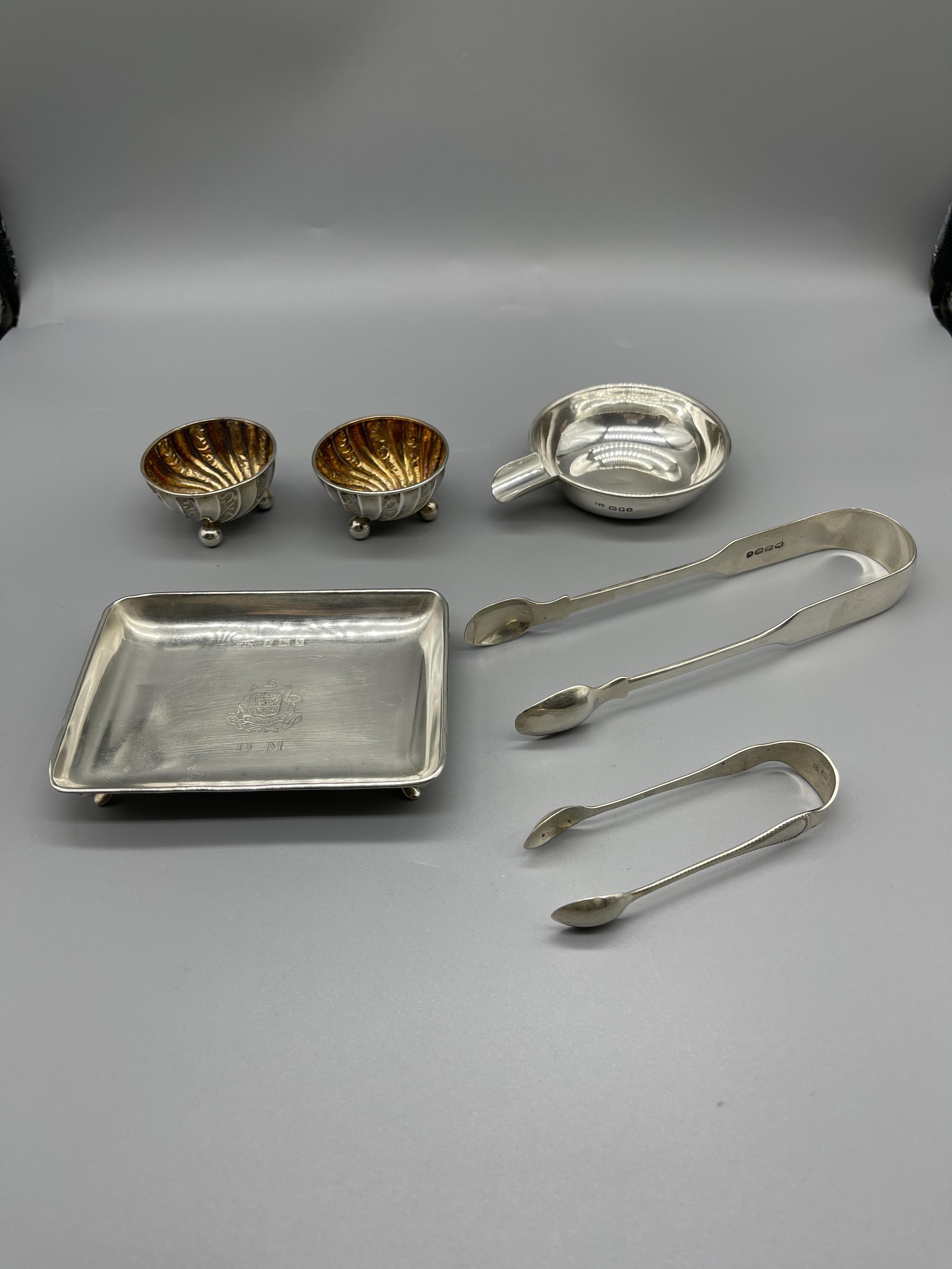 Two HM Silver ashtrays, salts and snips.160 G - Image 3 of 11