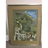 Framed and glazed abstract painting of houses sig