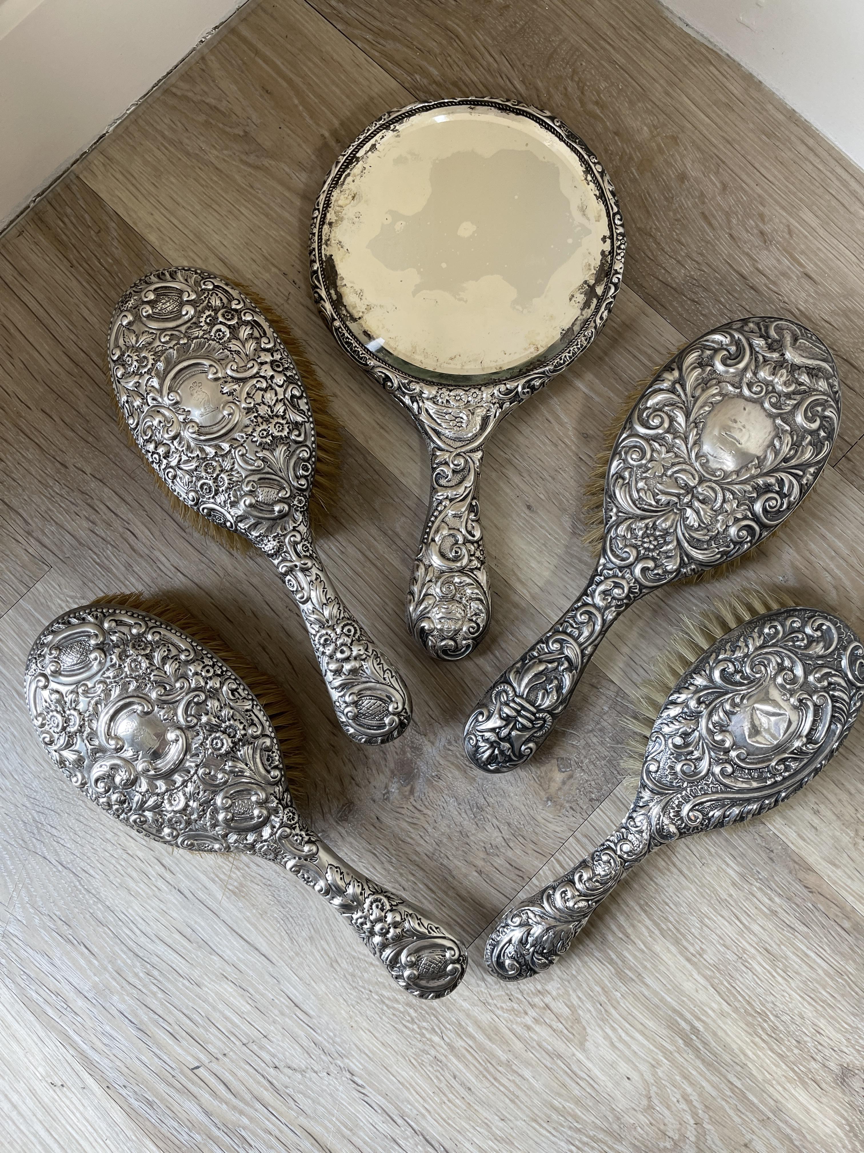 Five piece HM Silver Brush and Mirror set. - Image 2 of 16