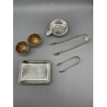 Two HM Silver ashtrays, salts and snips.160 G